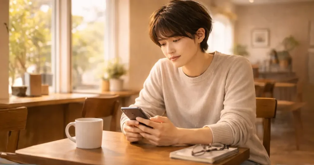 カフェで一人スマホを見ながら昔の友達を思い出す若い男性