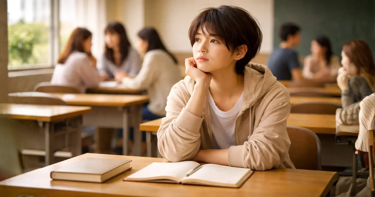 教室で一人考え込んでいる若者