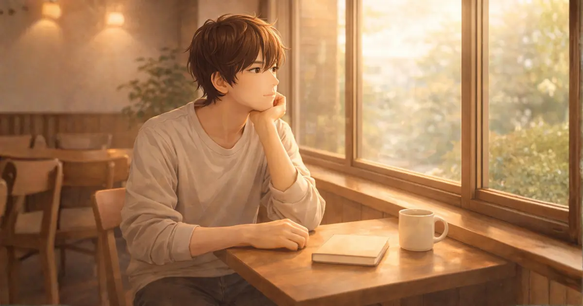 カフェの窓際で一人穏やかに過ごす若者
