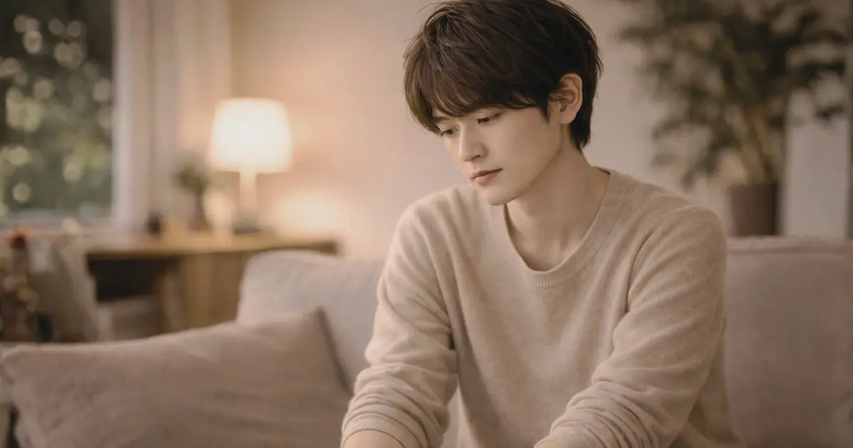 静かな部屋で一人考え込む若者