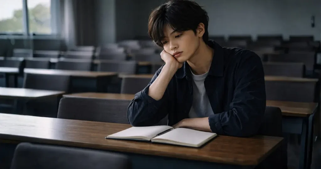 大学の講義室でひとり空白のノートを見つめる不安そうな男子大学生