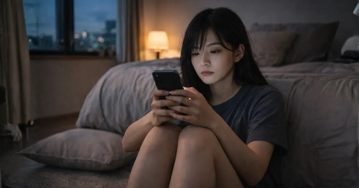 夕方の薄暗い部屋でスマホを見つめる無気力な表情のロングヘアの22歳の日本人女性