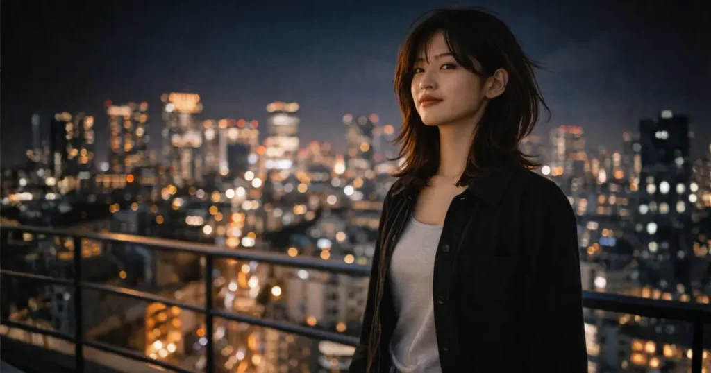 都市の夜景をバックに自信に満ちた表情で立つ25歳の日本人女性