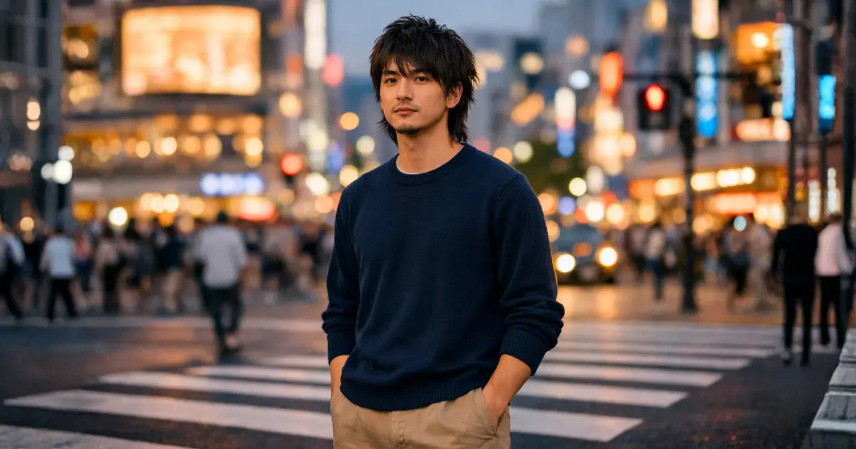 渋谷の交差点で前を見据える自信に満ちた表情の若い日本人男性