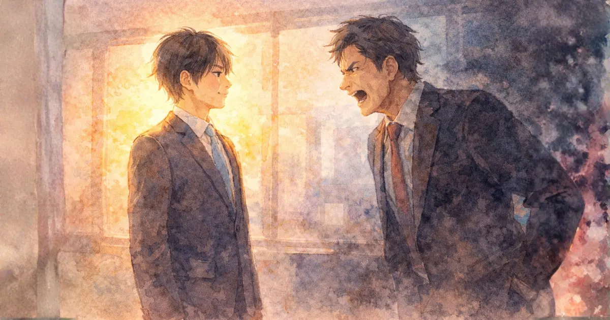 高圧的な相手に冷静に向き合うビジネスパーソンの水彩画