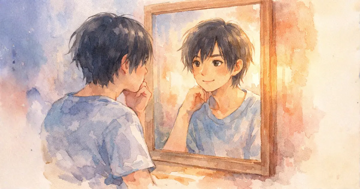 鏡を見つめ自分と向き合う若者の水彩画イラスト