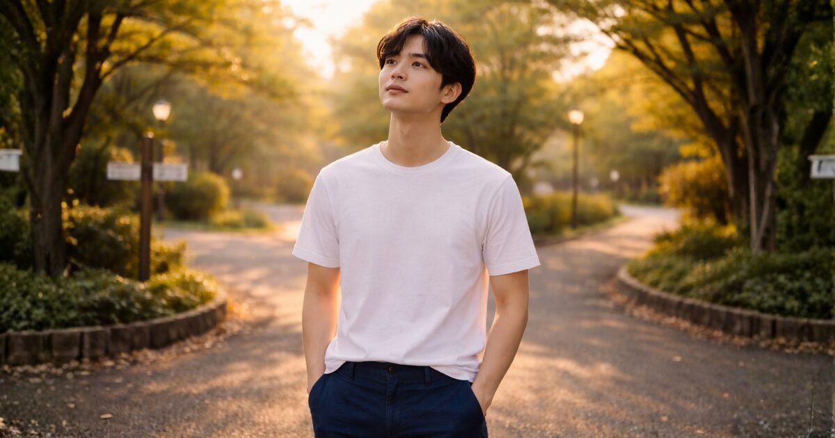 夕暮れの公園の分かれ道に立ち穏やかに空を見上げる30歳の日本人男性