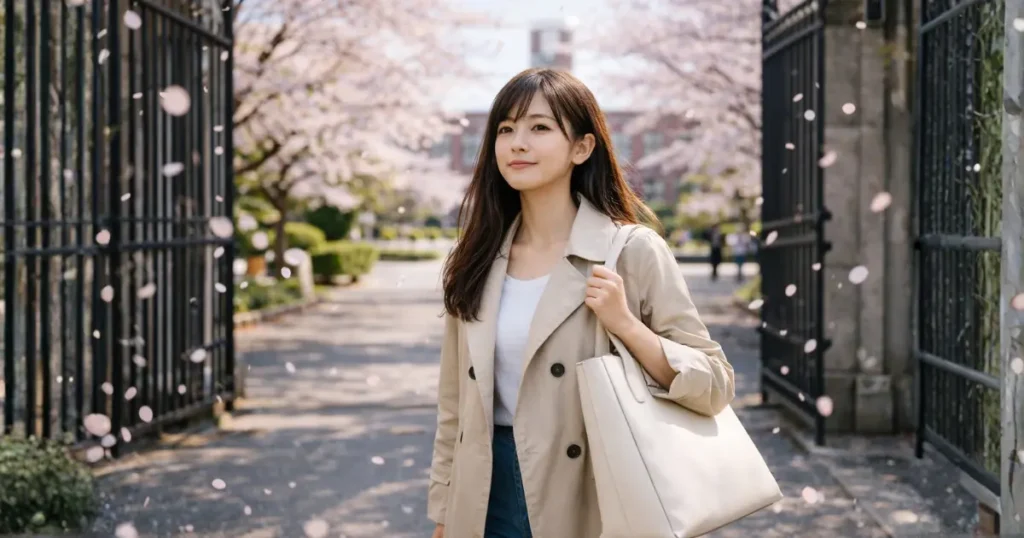 春のキャンパスの門をくぐる22歳の日本人女性