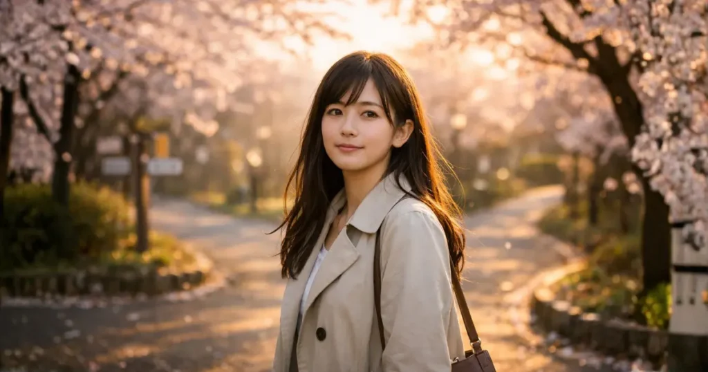 桜並木の分かれ道に立ち、前を見つめる22歳の日本人女性