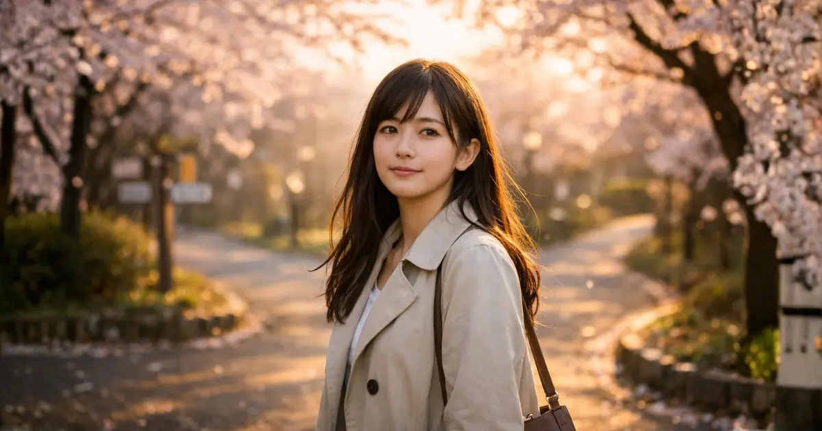 桜並木の分かれ道に立ち、前を見つめる22歳の日本人女性