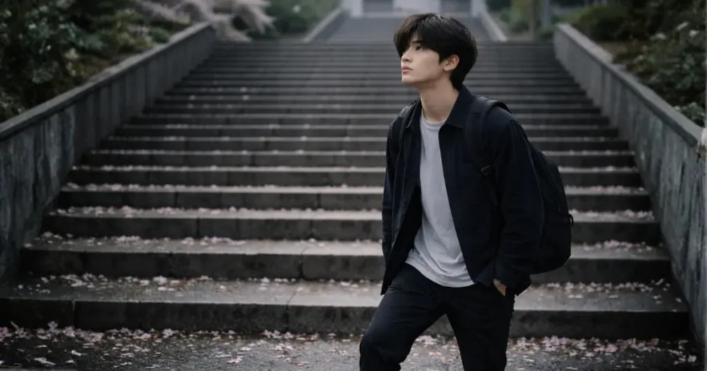 大学キャンパスの階段の前で一歩を踏み出すか迷う男子大学生