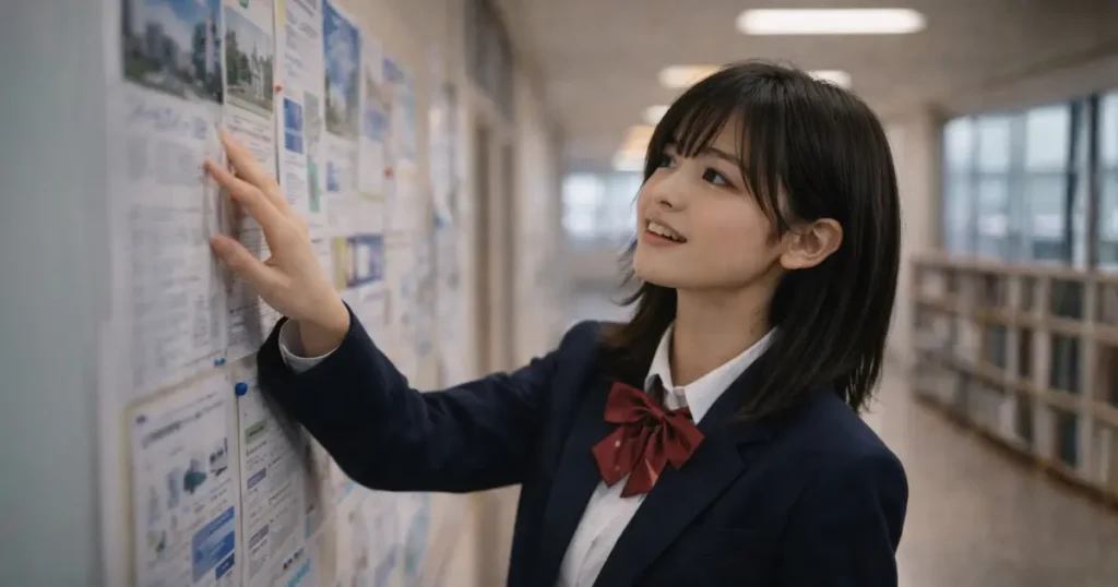 進路掲示板の前で大学パンフレットに手を伸ばす好奇心を持った表情の女子高校生