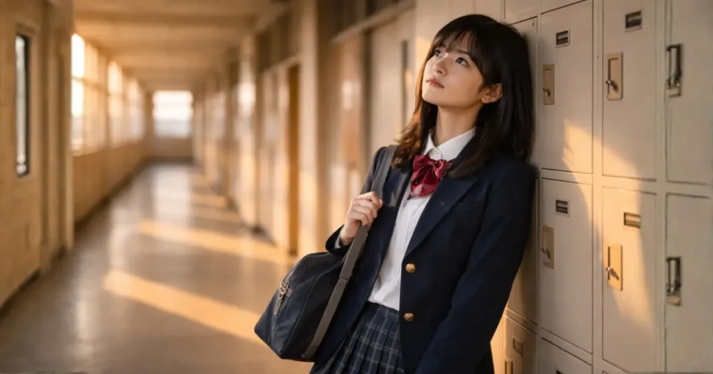 放課後の校舎の廊下でロッカーにもたれて天井を見上げる考え込む女子高校生