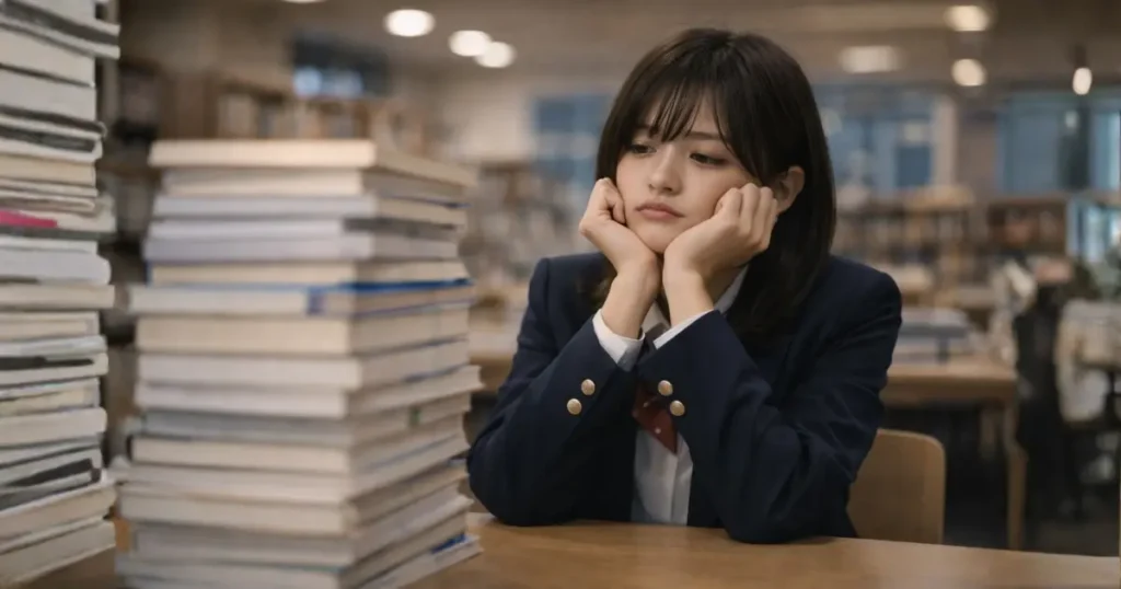 図書室で積み上がった教科書を前にやる気のない表情で頬杖をつく女子高校生