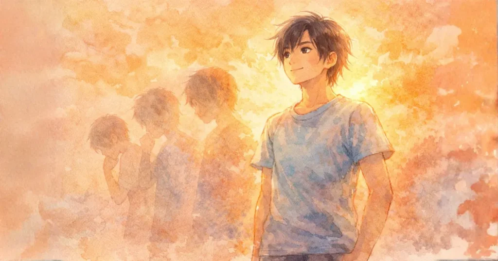 内面から自信を放つ若者と成長の過程を描いた水彩画