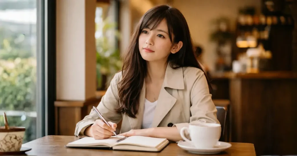 カフェでノートに不安を書き出している22歳の日本人女性