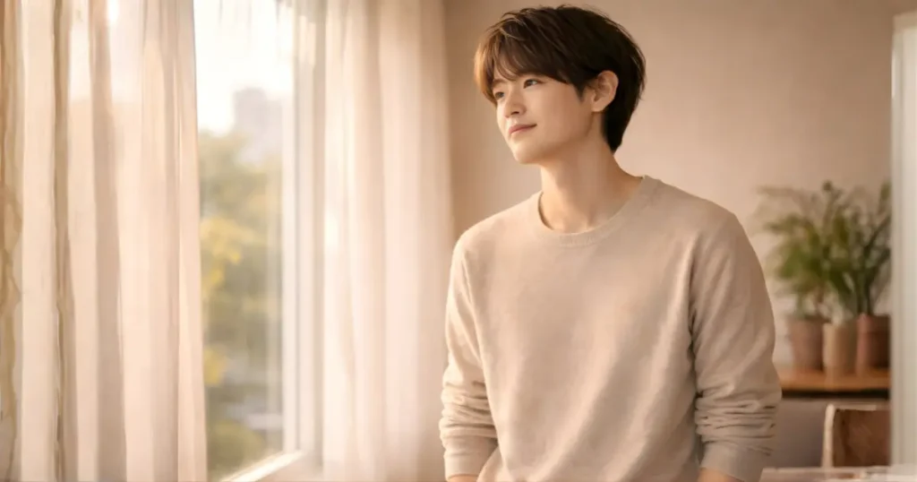 朝の光の中で希望を感じている若者