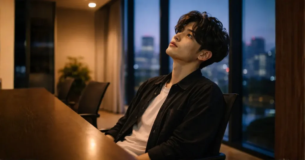 夕暮れの会議室で天井を見上げ考え込む29歳の日本人男性