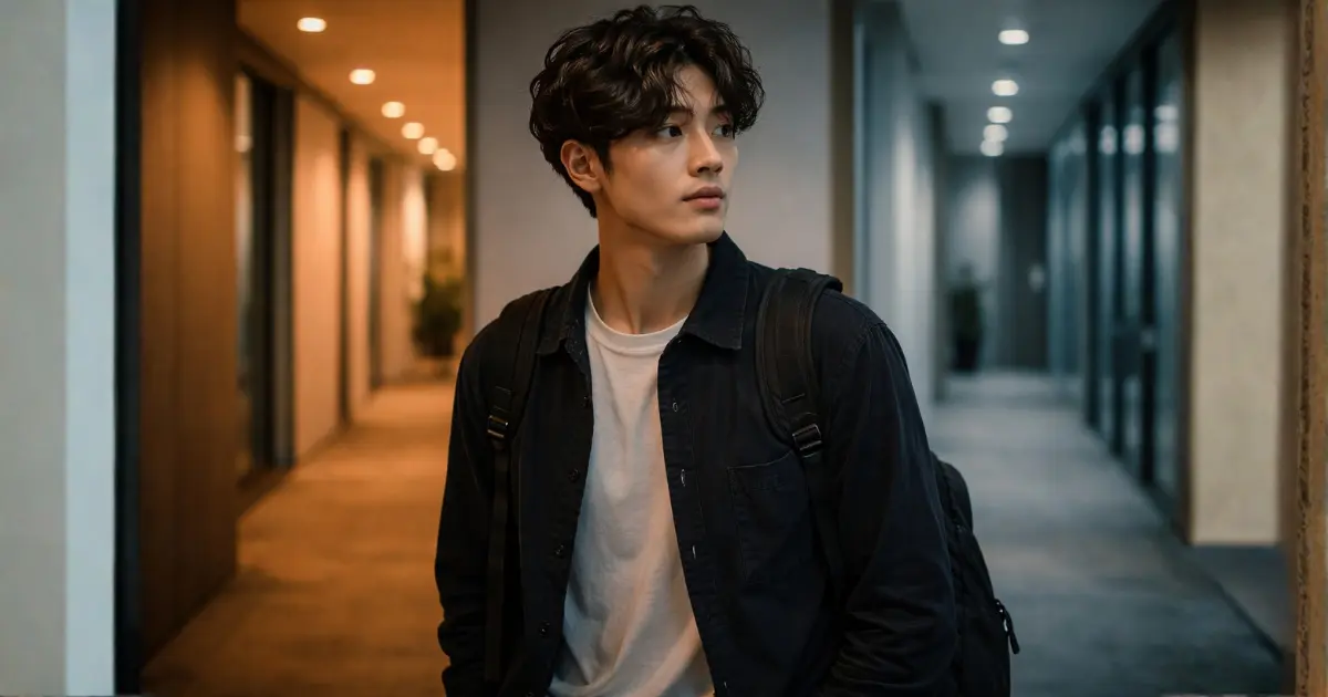 オフィスビルの分岐点で立ち止まり迷う29歳の日本人男性