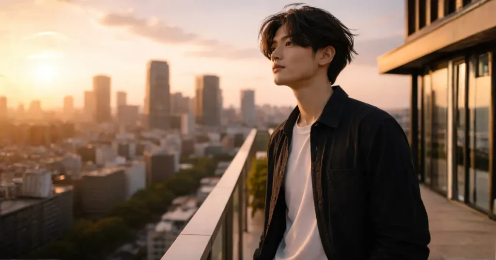 ビルの屋上テラスから街を見下ろし決意を固める29歳の日本人男性