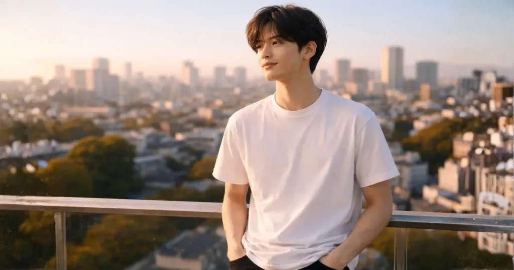 朝の街並みを見渡す穏やかな表情の28歳の日本人男性