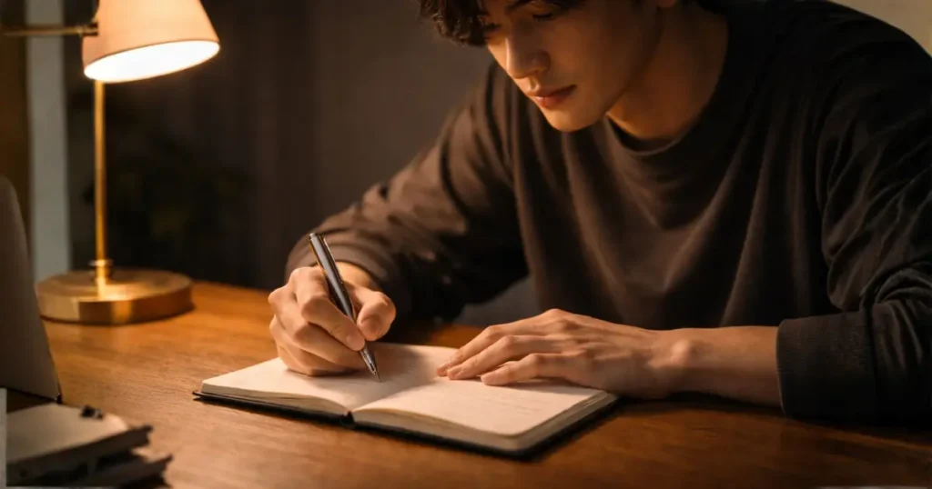 デスクライトの下でノートに書き込む28歳の日本人男性の手元