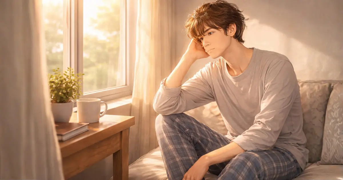 朝、働くことについて考え込む若者