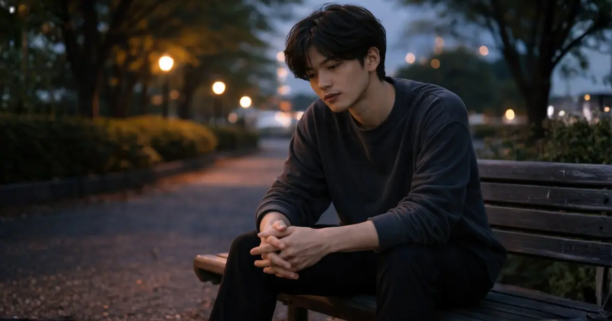 夕暮れの公園のベンチで考え込む28歳の日本人男性