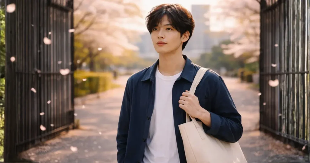 桜の舞う大学キャンパスの門の前で少し緊張した表情で前を見つめる今風の22歳の日本人男性