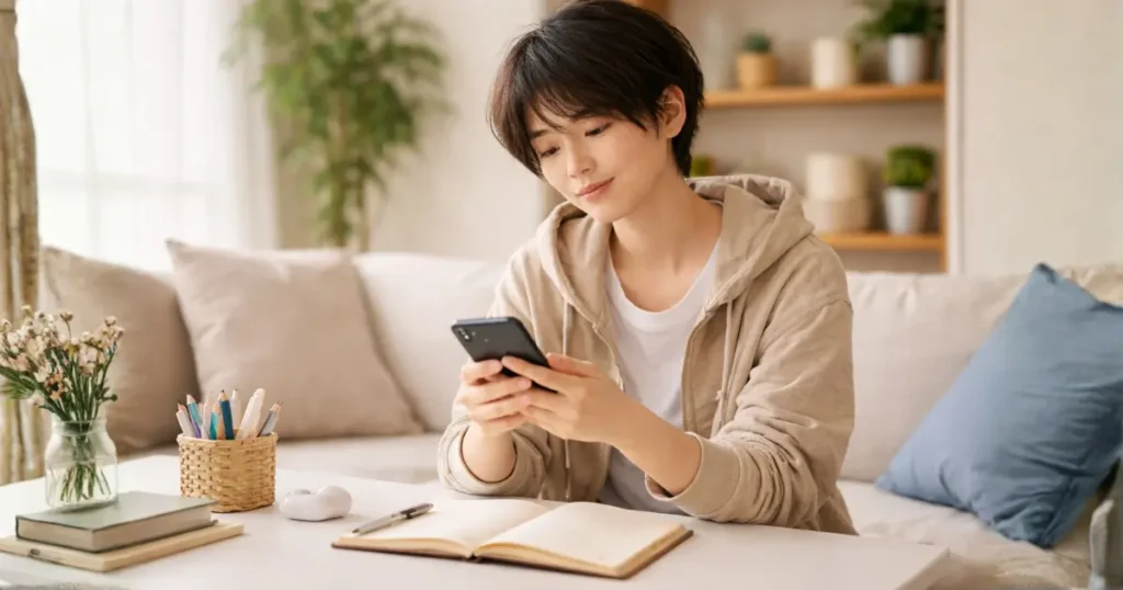 落ち着いてSNSを整理している若者