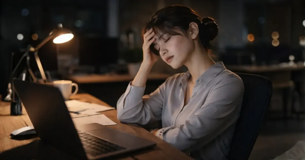 夜遅くのオフィスで疲れ切った表情で目を閉じる26歳の女性社会人