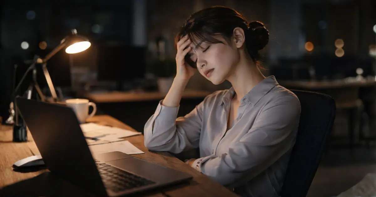 夜遅くのオフィスで疲れ切った表情で目を閉じる26歳の女性社会人