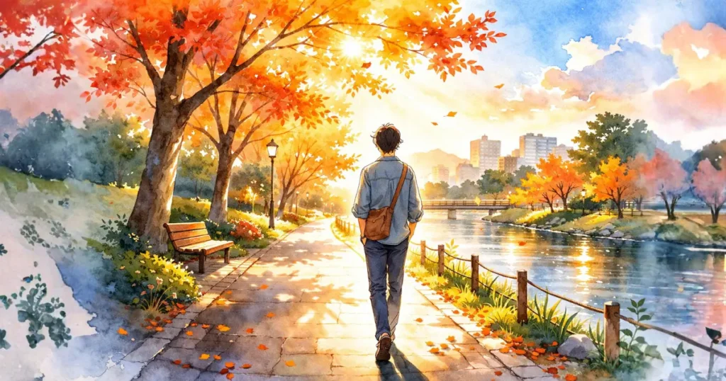 秋の公園を穏やかに散歩する人の水彩画