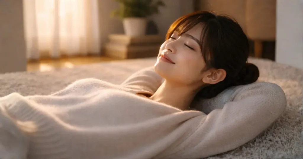 自宅のリビングで穏やかに目を閉じ心から休息する26歳の女性