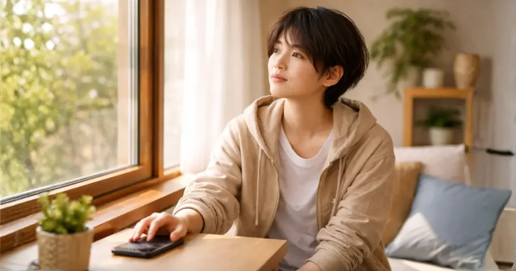 スマホを置いて穏やかな表情で窓の外を見る若者