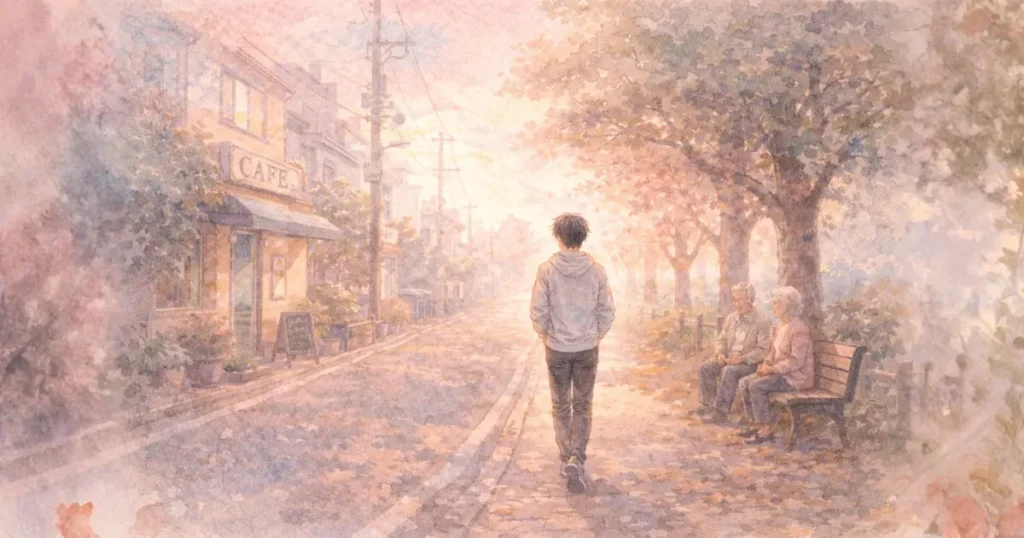 静かな街並みを散歩する風景の水彩画