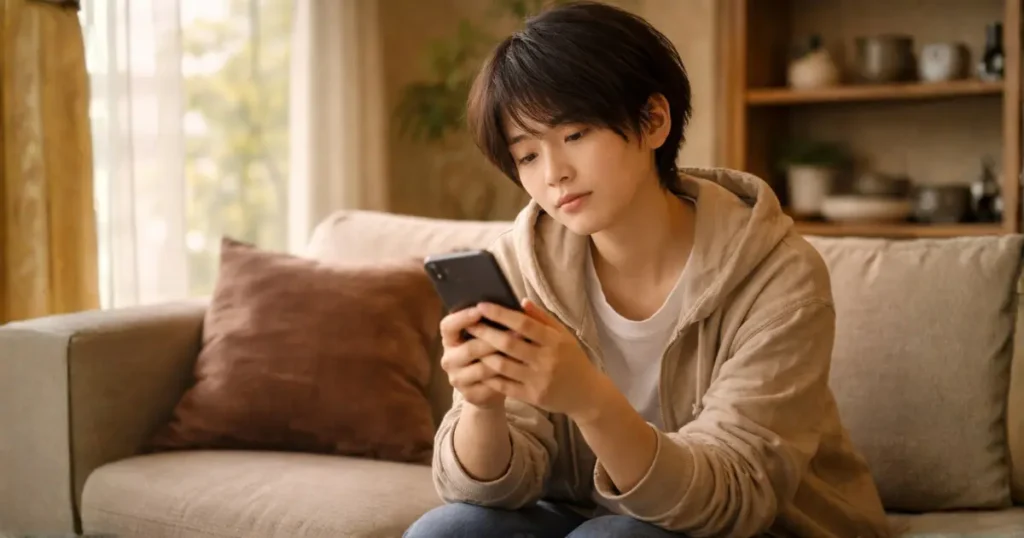 スマホを見て落ち込んでいる若者