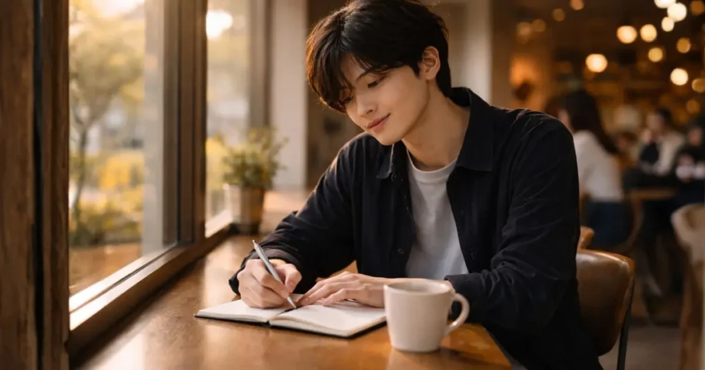 朝のカフェの窓際席で穏やかな表情でノートに書き込む男子大学生