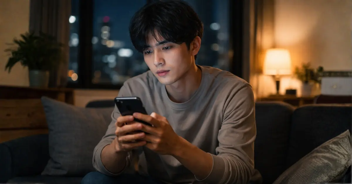 日曜の夜にスマホを見ながら不安そうな表情の25歳の日本人男性