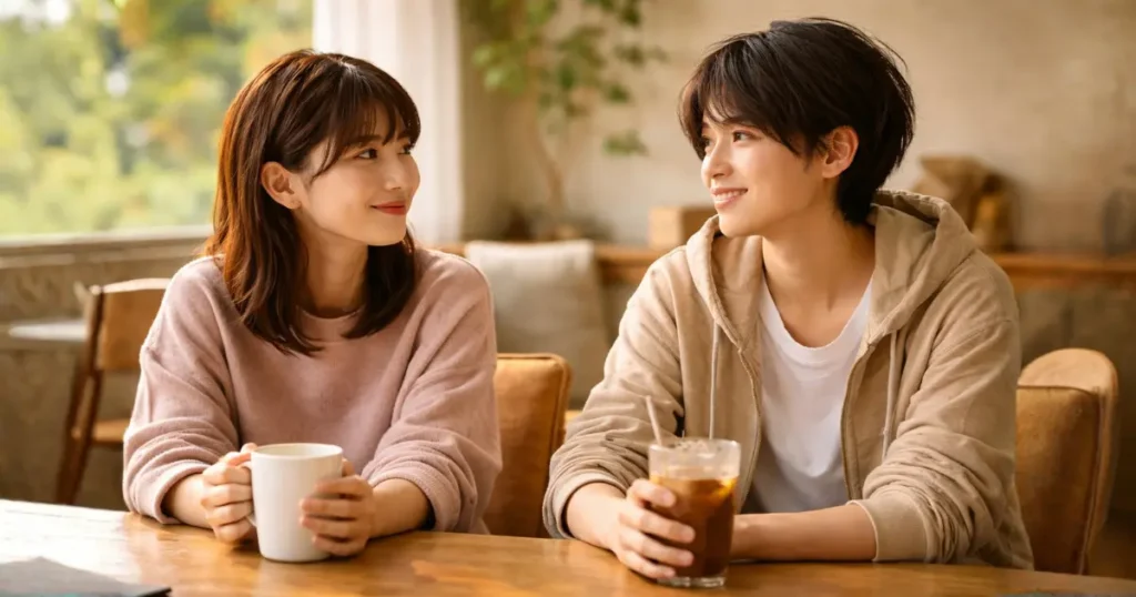二人で穏やかに会話する若者