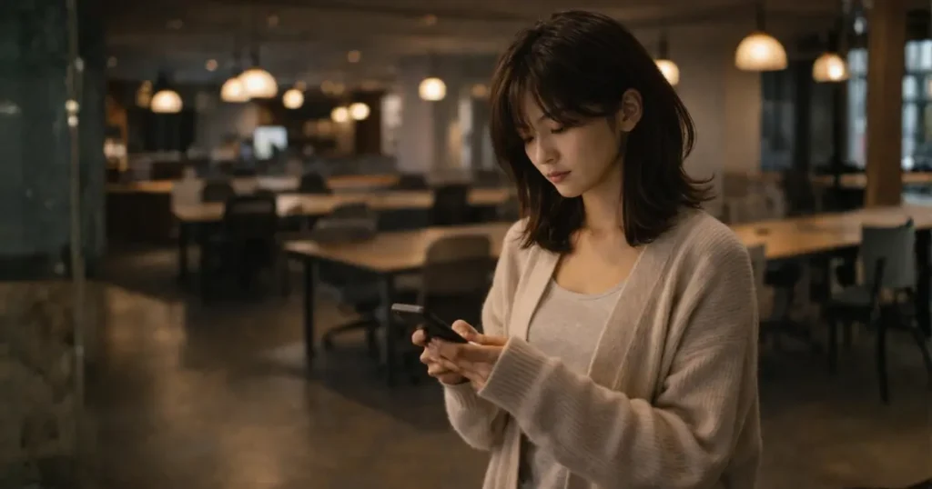 誰もいない広いコワーキングスペースでスマホを見つめる26歳の日本人女性