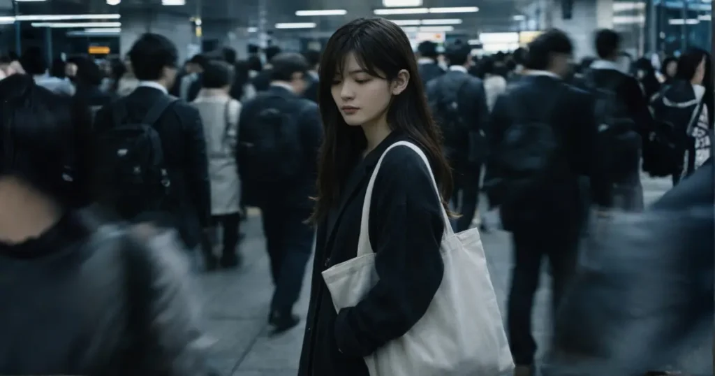 ラッシュアワーの駅で周囲がぶれる中ひとり立ち止まる29歳の日本人女性