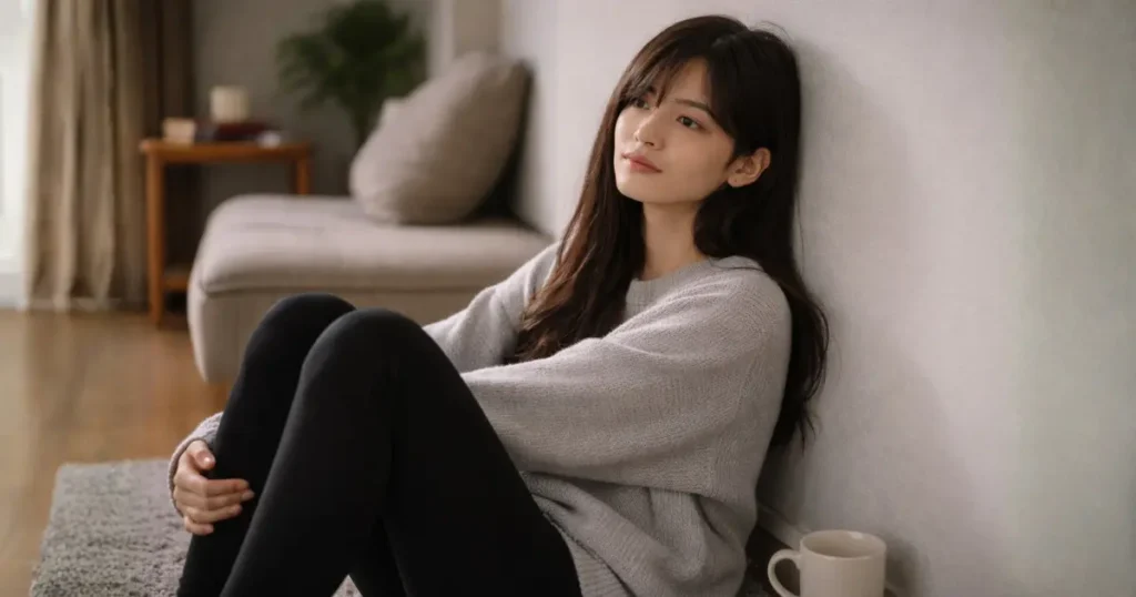 アパートの床に静かに座り物思いにふける29歳の日本人女性
