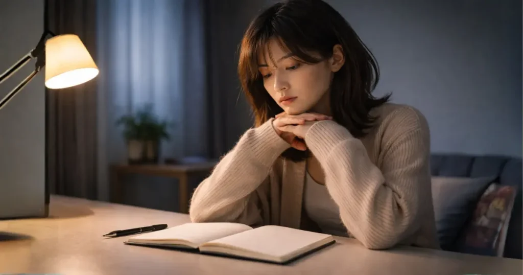 白紙のノートを前に考え込む26歳の日本人女性