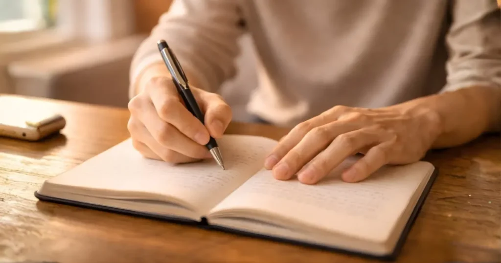 ノートに気持ちを書き出している手元