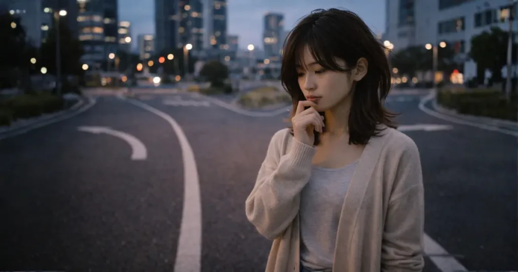 都市の交差点に立ち考え込む25歳の日本人女性