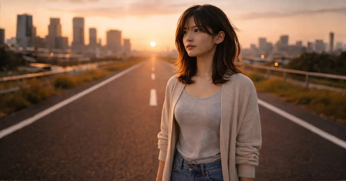 夕暮れの都市の道の先を見つめる25歳の日本人女性