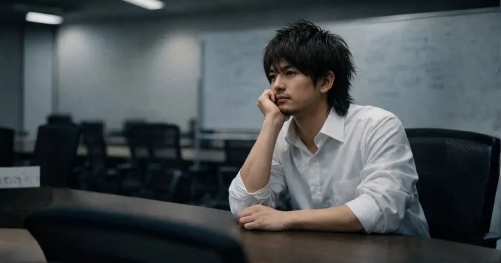 会議後の会議室でひとり考え込む若い日本人男性
