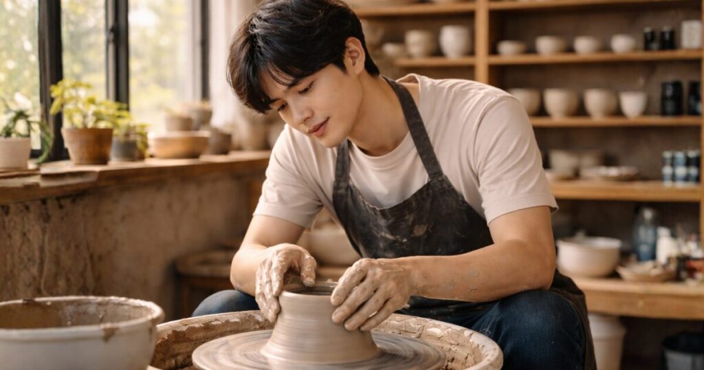 陶芸工房で集中して作業に没頭する30歳の日本人男性