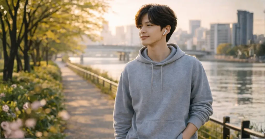 朝の川沿いの並木道を穏やかな笑顔で歩く今風のヘアスタイルの22歳の日本人男性